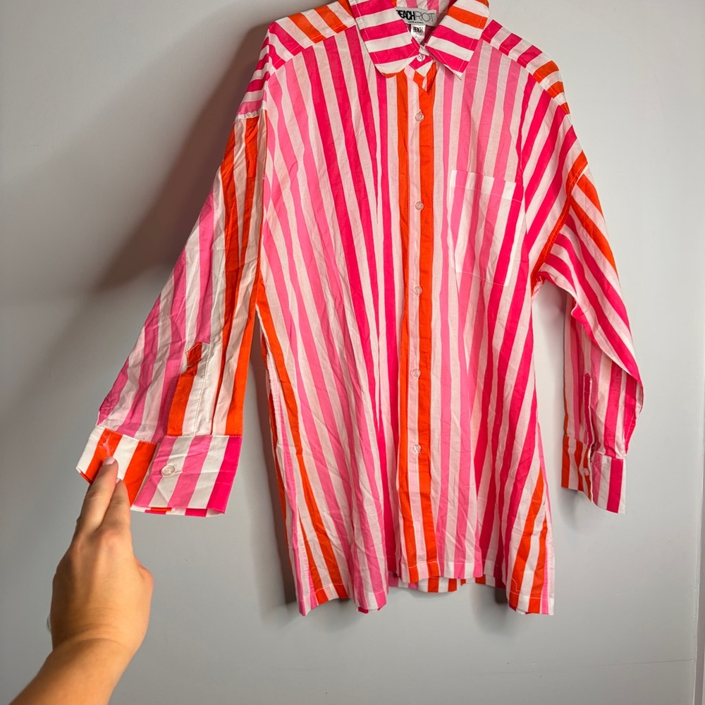 Beach Riot NWOT Womens L/XL Pink & Orange Striped Button-Up Shirt Swim Cover - Picture 5 of 10